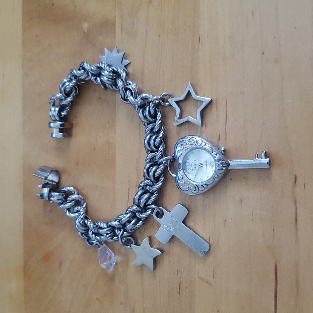 Dufonte Quartz Silver Charm Bracelet Watch Cross Key Heart Star